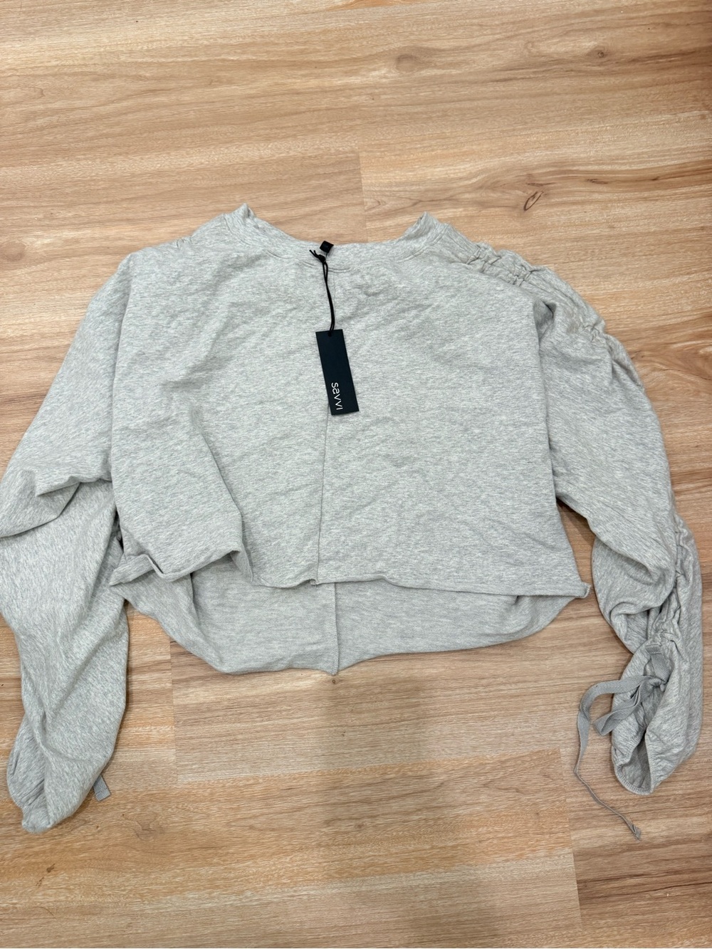Light Gray Cropped Sweatshirt with Tie-Sleeve Detail
